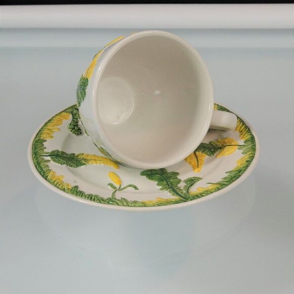 Vintage Italian Cup And Saucer Set Green Garden Ferns And Flower Bud Cottagecore - Picture 9 of 12